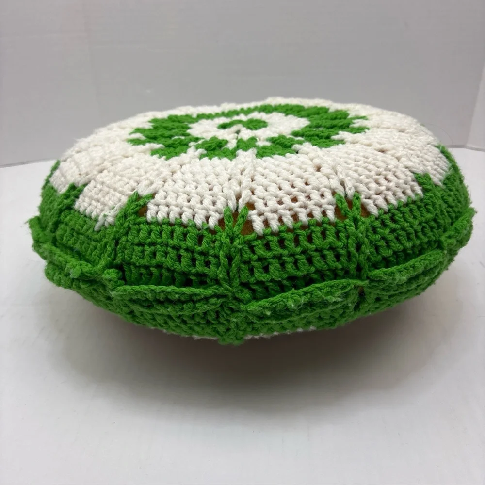 Vintage Crochet Pillow Flower Green White Knit Handmade Foam Cushion Retro